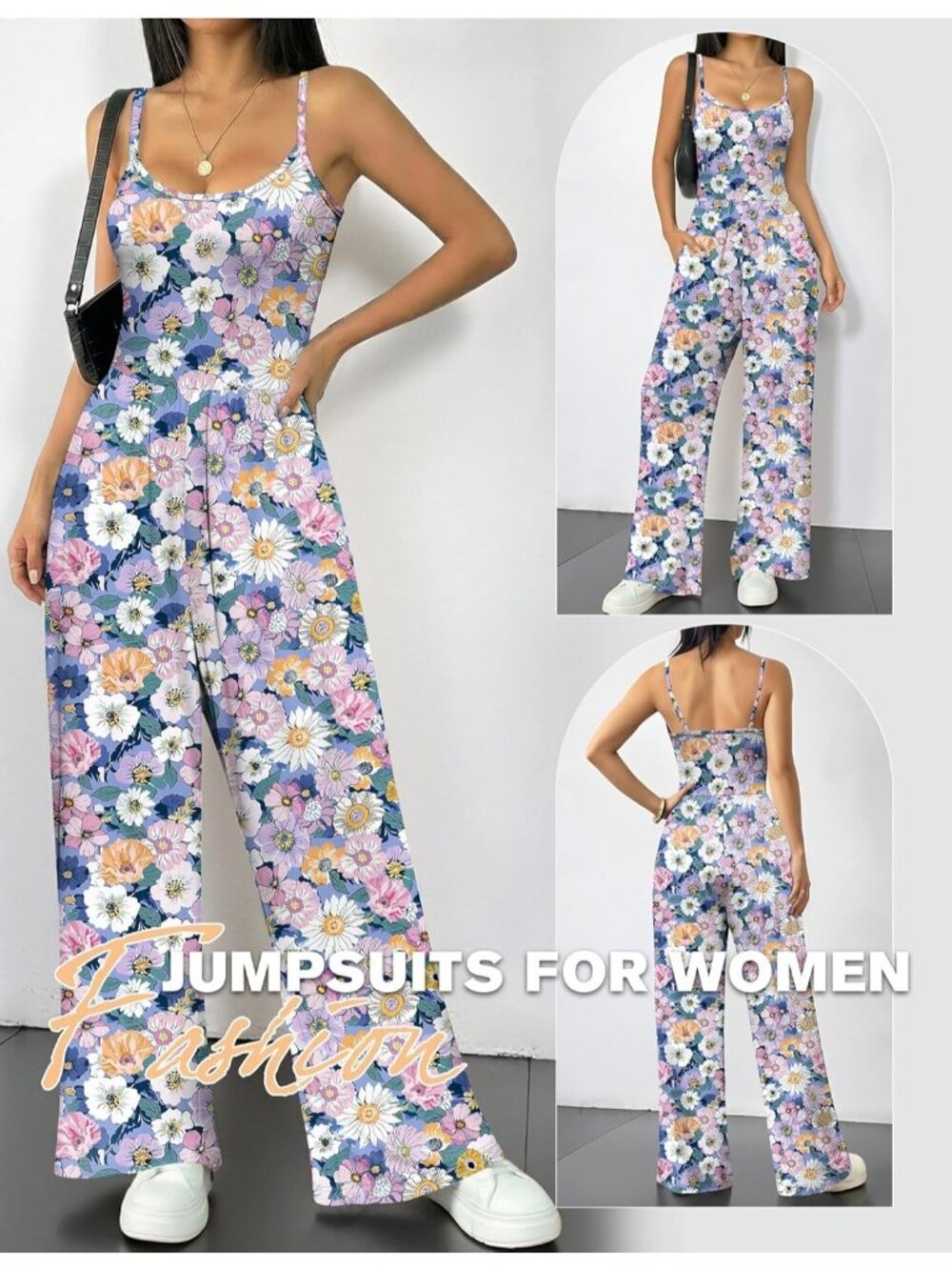 Women's Purple Yellow Summer Casual Tummy Control Sleeveless Wide Leg Romper - Picture 2 of 6